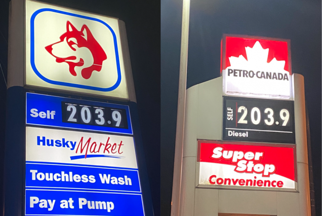 A side by side image showing two gas station signs posting a litre of regular for 203.9