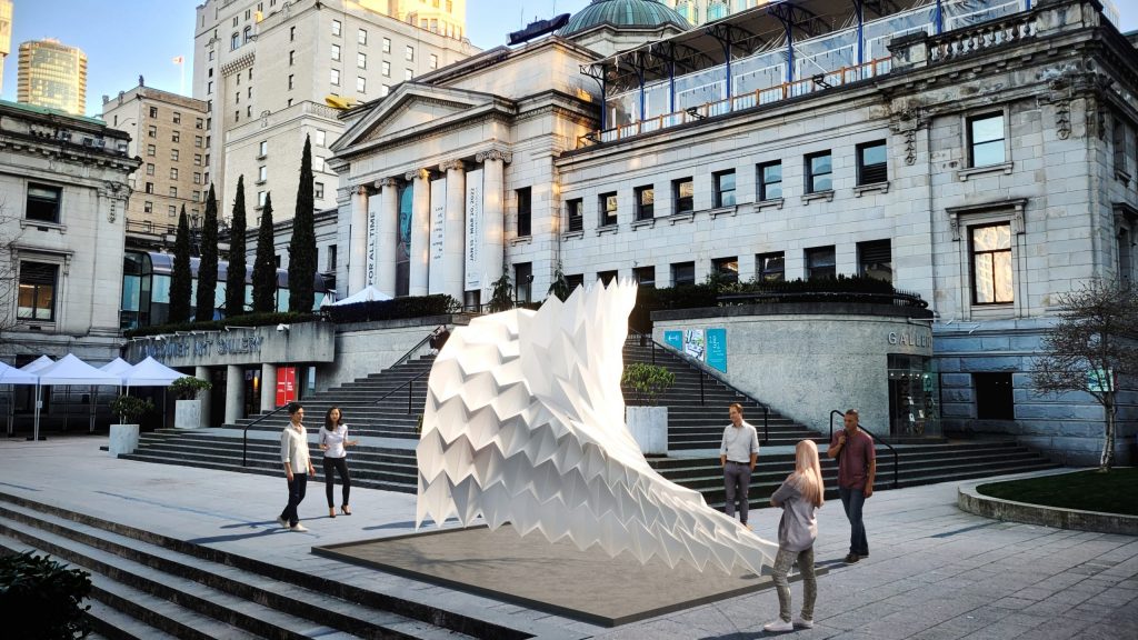 A rendering of the "breathing" art sculpture depicting different air qualities around the world shown in front of the Vancouver Art Gallery