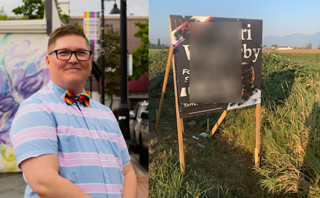 A side by side image showing Chilliwack school trustee candidate Teri Westerby (pictured left) next to an image of a campaign sign that has been vandalized