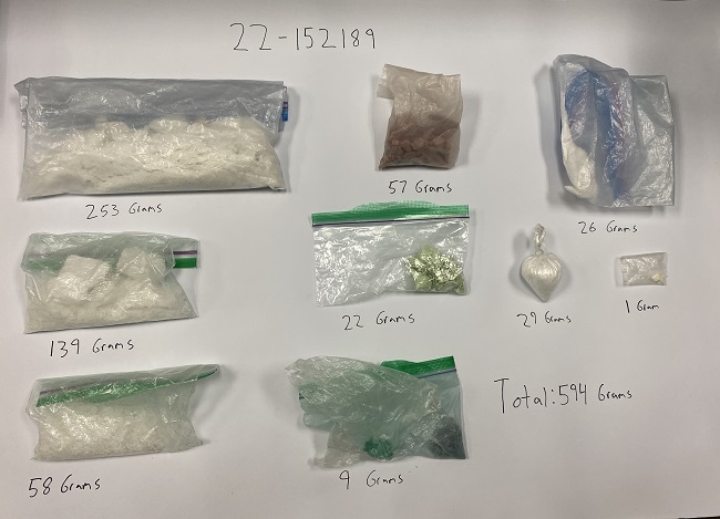 Drugs in bags after they were seized by the Surrey RCMP following a chase and arrest of a motorcycle theft suspect