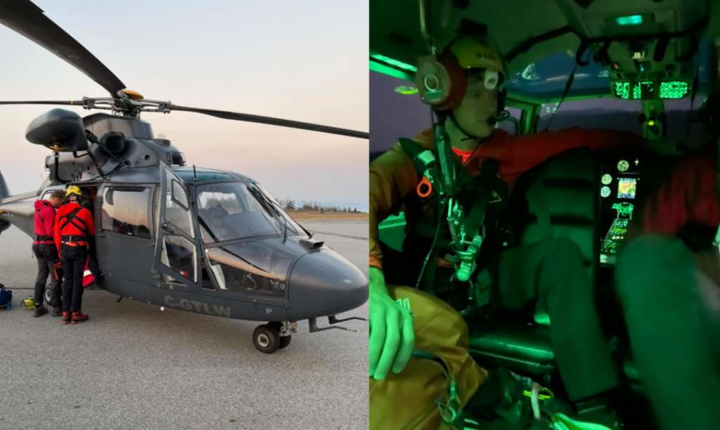 North Shore Rescue crews preparing to head to Powell River to help two people who ate poisonous mushrooms are seen standing by a helicopter in the image on the left, while a search and rescue member is pictured inside a dark helicopter in the image on the right.