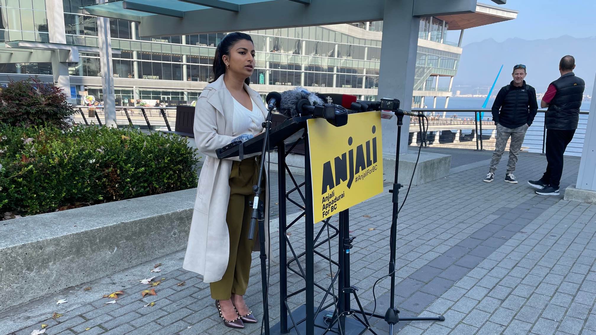 BC NDP leadership candidate Anjali Appadurai at a news conference addressing a party recommendation she be barred from the leadership race