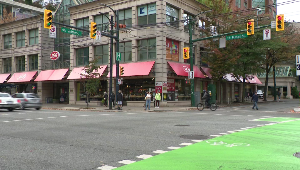 The corner of Burrard and Smithe streets in downtown Vancouver