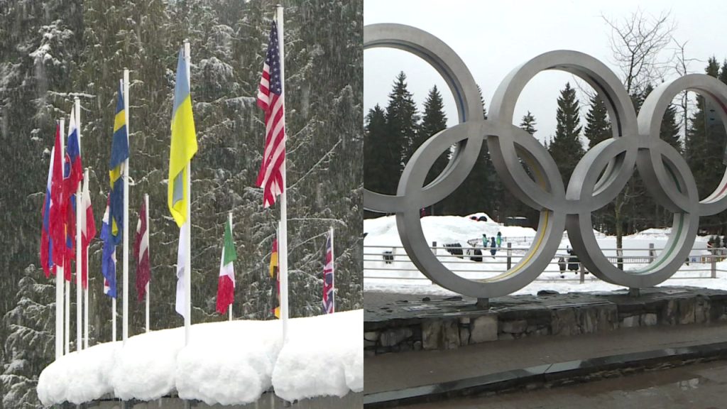 A side by side image showing flags on the left and the Olympic rings in Whistler on the right