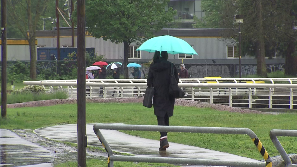 A woman walking with an umbrella on a rainy day in Vancouver.