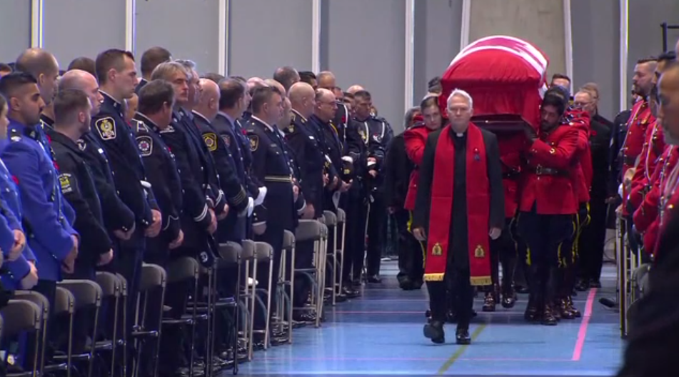 RCMP officers carrying the casket of Const. Shaelyn Yang during her funeral in Richmond