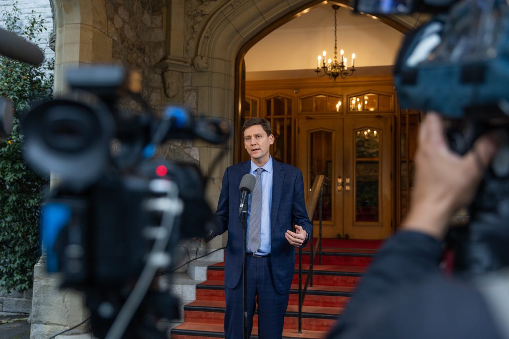 B.C.'s newest premier, David Eby, speaks to reporters outside Government House