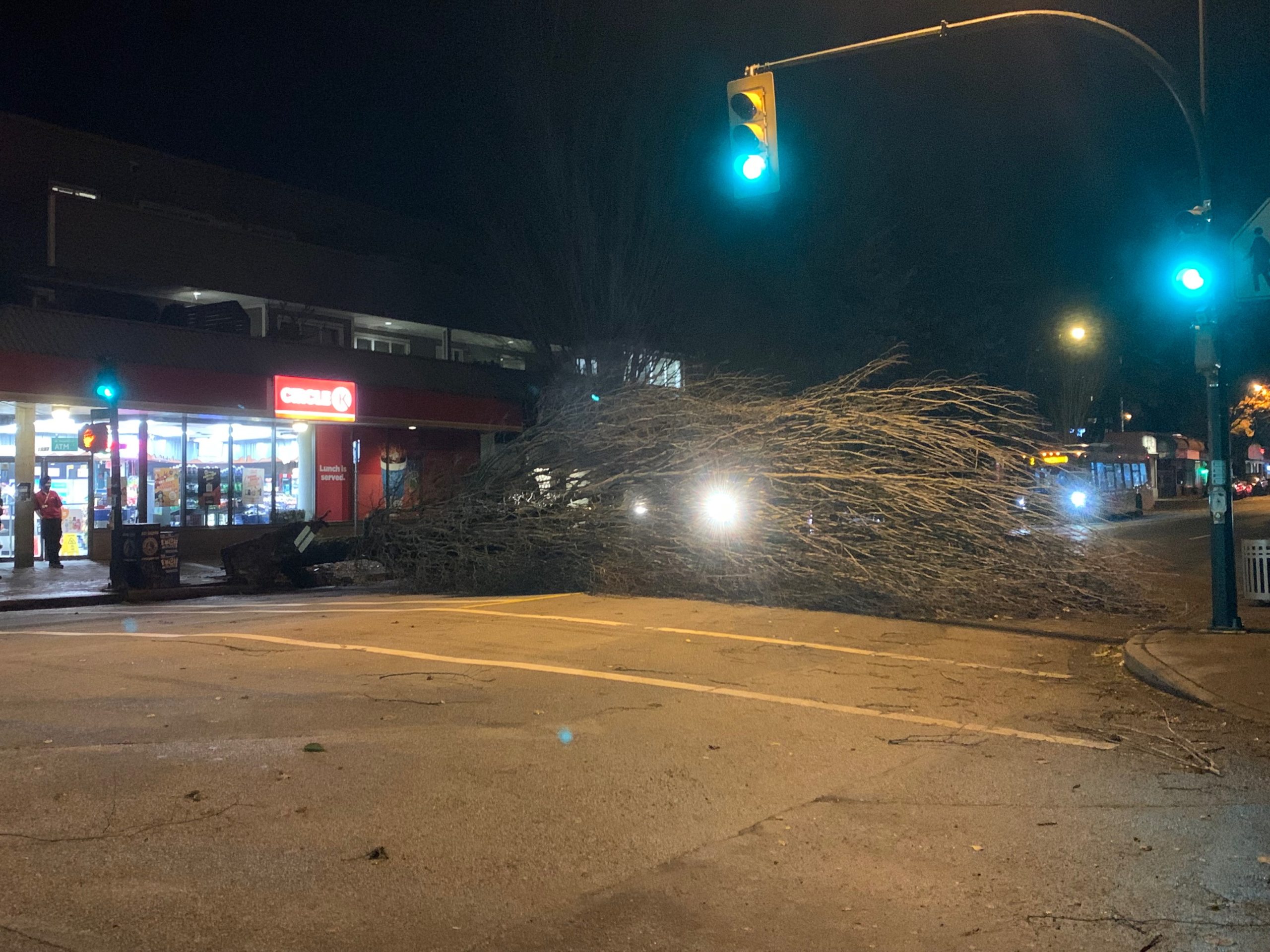 A fallen tree at the intersection of Maple Street and Cornwall Avenue in Vancouver late Friday evening. 