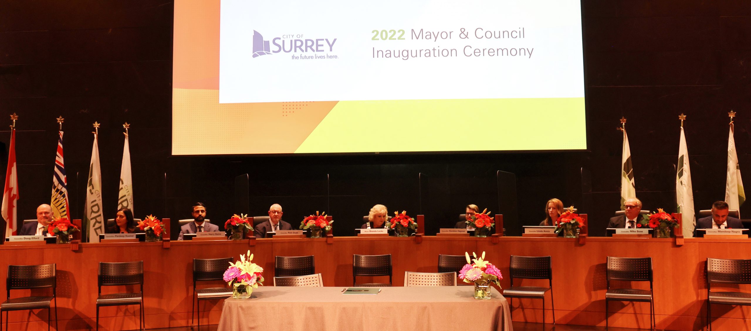 A photo of Surrey's new mayor and eight city councillors who were sworn in during a ceremony on Nov. 7