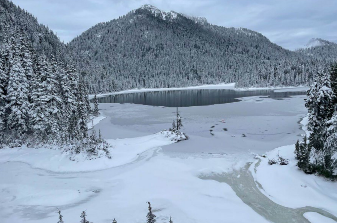 A frozen Chapman Lake on the Sunshine Coast amid water restrictions