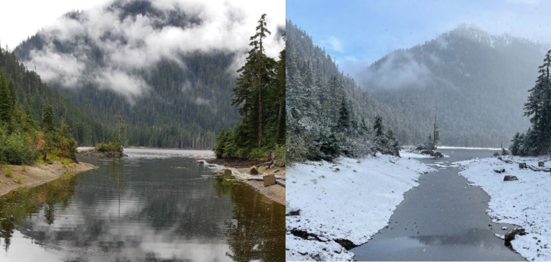 A side by side image of Chapman Lake on the Sunshine Coast showing the difference in water levels between Sept. 2021 and Nov. 2022