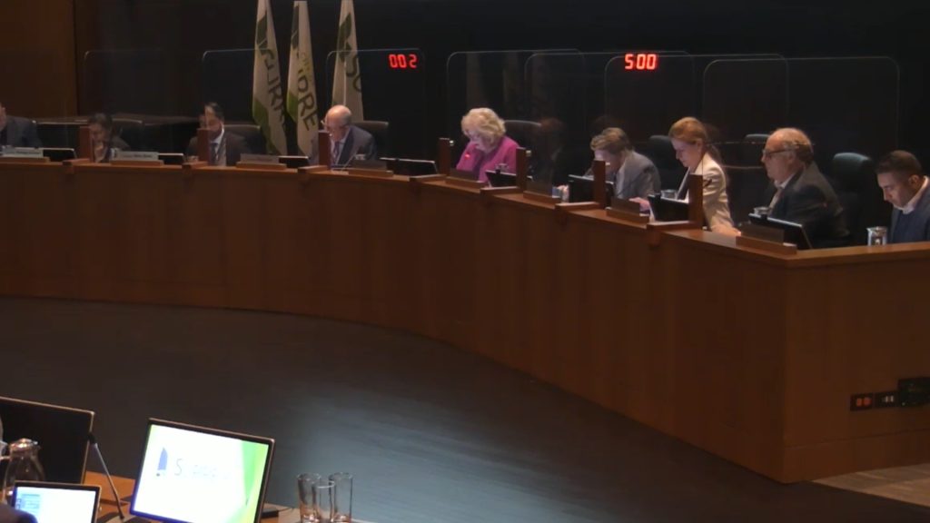The Surrey city council chambers, where council voted on a plan to keep the RCMP in the city