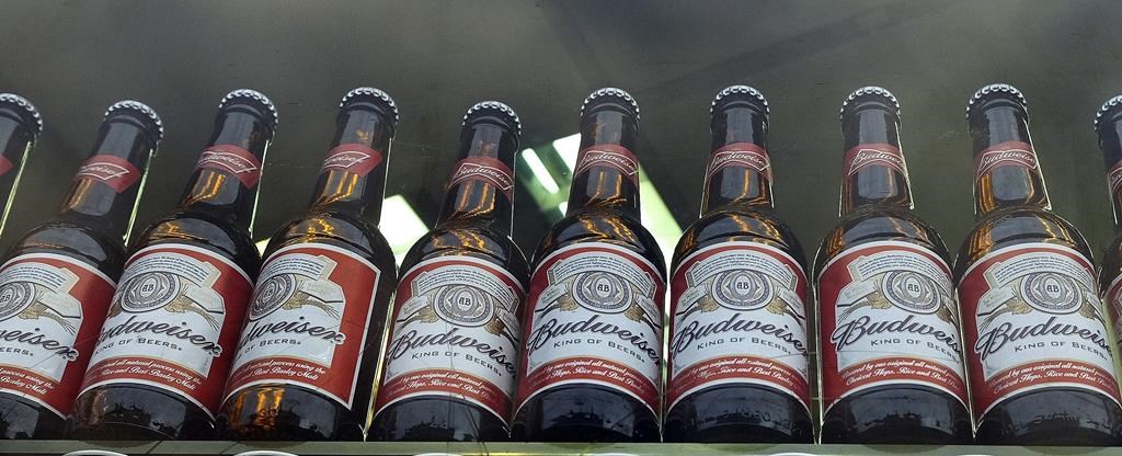 Bottles of Budweiser beer are on display in a shop window