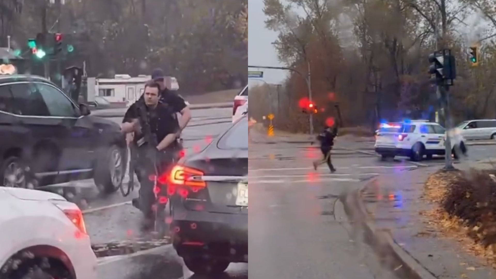 Police officers with their weapons drawn seen on Highway 1 in Coquitlam Tuesday