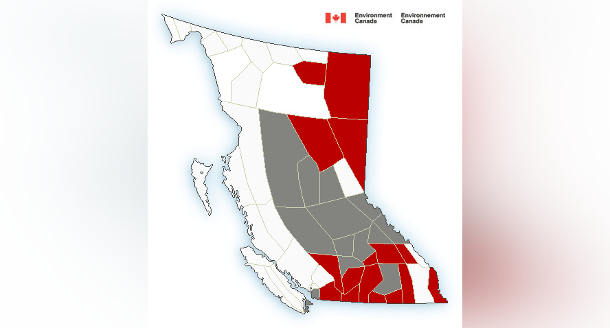 A map of all the weather alerts and statements issued by Environment and Climate Change Canada in B.C.