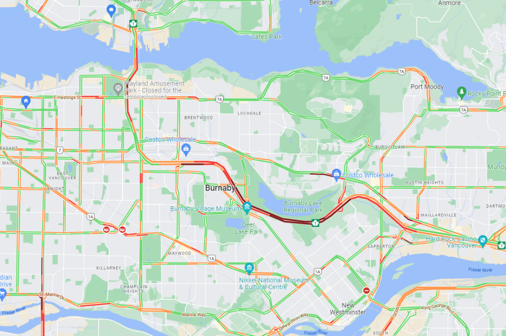 Highway 1 through Burnaby is a mess Monday due to poor road conditions. (Google Maps)