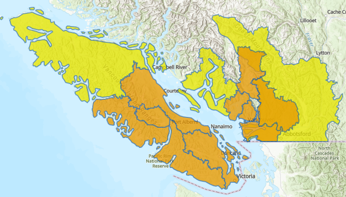 A map outlining the flood watches and high streamflow advisories in southwestern B.C.