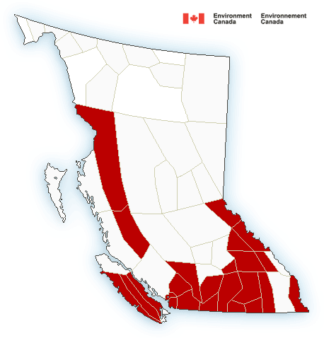 A map of the weather alerts that have been issued across B.C.