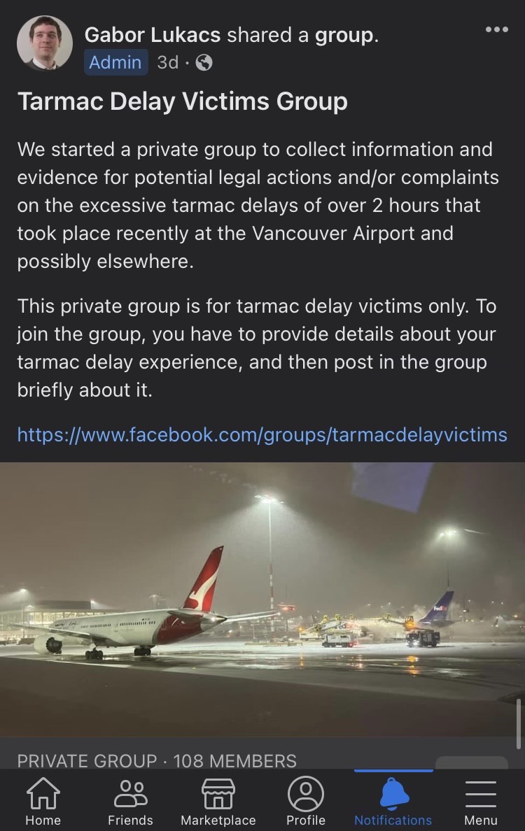 A screenshot of a Facebook post outlining a potential law suit on behalf of airline passengers who were stuck on the tarmac for hours last week.