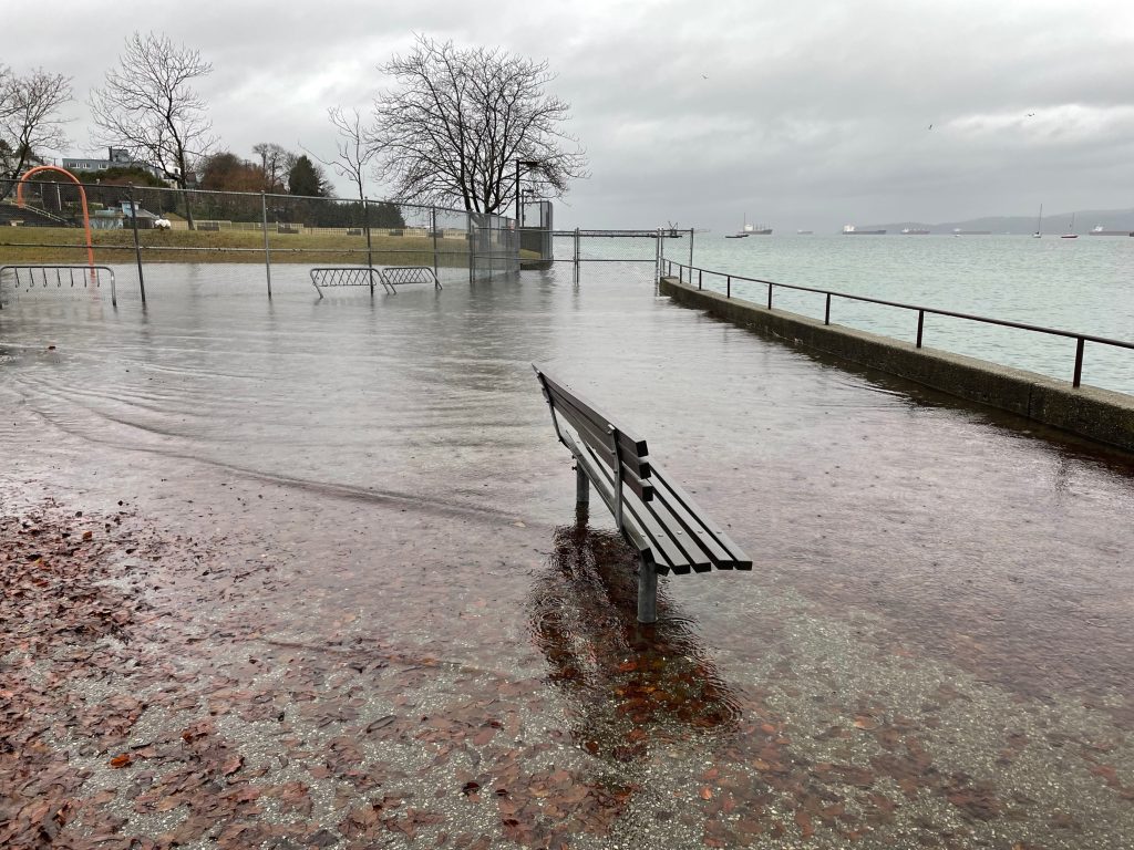 Some of the flooding seen in Vancouver's Kitsilano neighbourhood, as the region's low-lying areas are seeing water spill onto roadways, parks and sidewalks