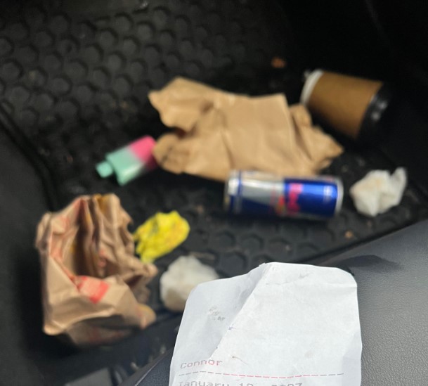 evo car filled with trash on seats