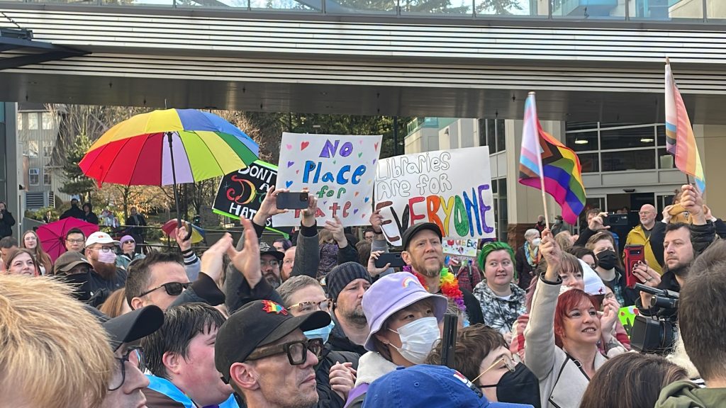 Supporters of a drag queen story time event at the Coquitlam Library showed up to speak out against protesters on Jan. 14, 2023