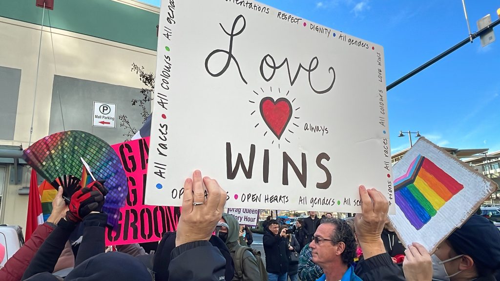 A drag queen storytime event at the Coquitlam Library was met with protests today. (CityNews/Angela Bower)