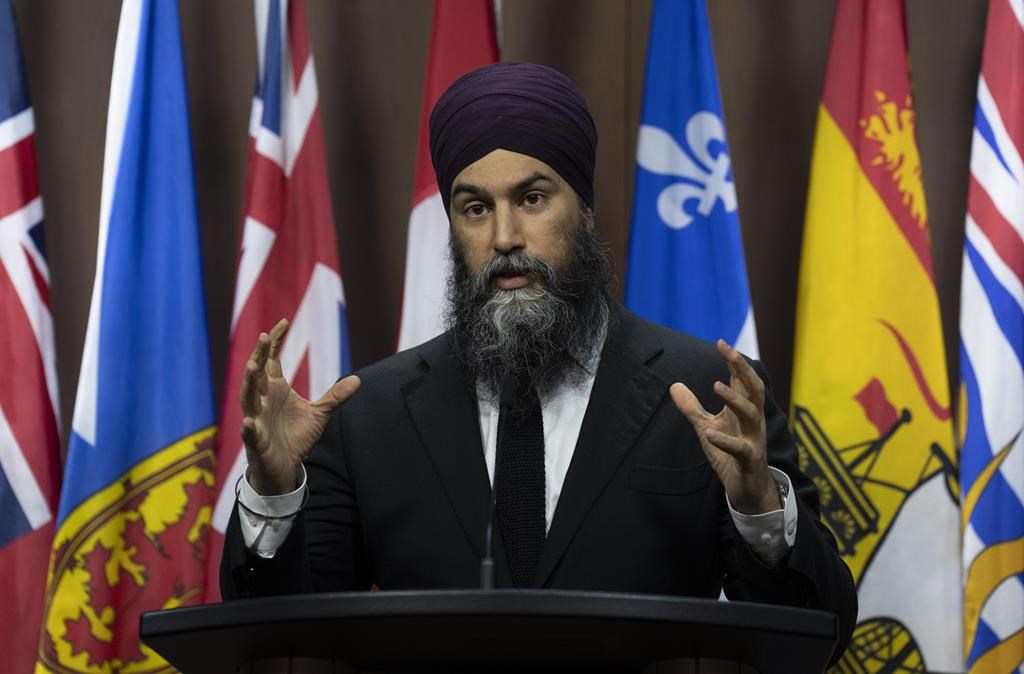 New Democratic Party leader Jagmeet Singh speaks with the media during an availability on Parliament Hill