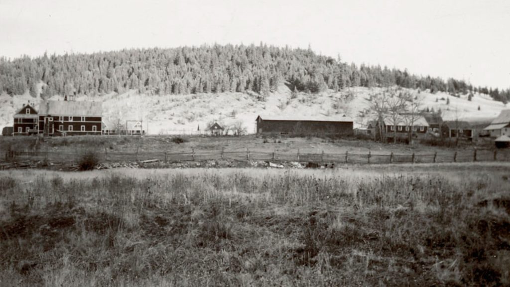 A distant view of school buildings and grounds at the St. Joseph's Mission Indian Residential School in Williams Lake in 1949.