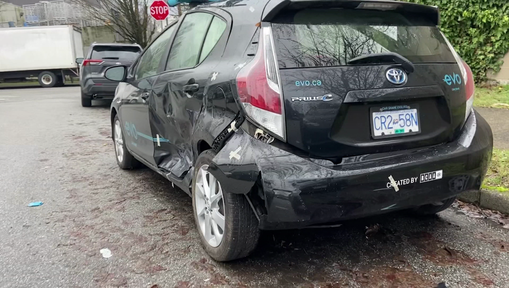 A damaged EVO car share vehicle