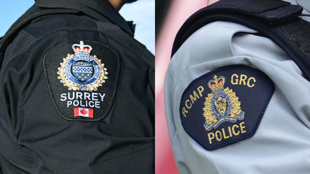 The Surrey Police Service patch on an officer's arm pictured on the left, while an RCMP patch on an officer's arm is pictured on the right