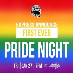 a hockey team poster with the pride rainbow 