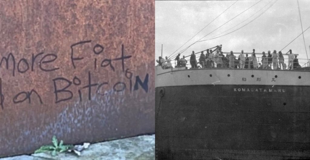 Graffiti on the Komagata Maru memorial in Vancouver is pictured on the left alongside an image of the vessel that was turned away in Canada's waters in 1914