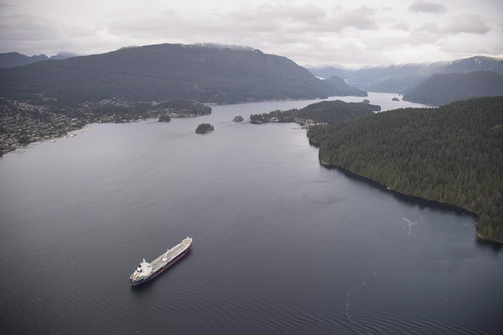 A tanker is anchored in Burrard Inlet just outside