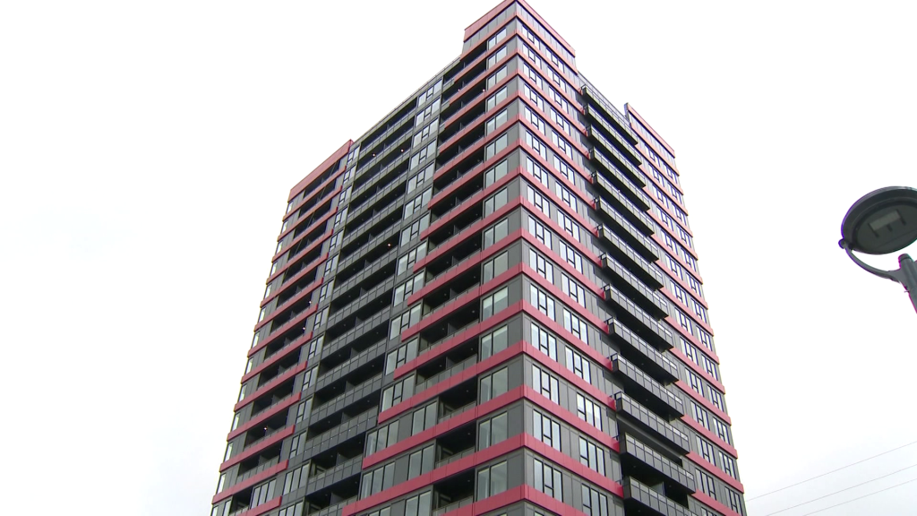 a new building trimmed in red details