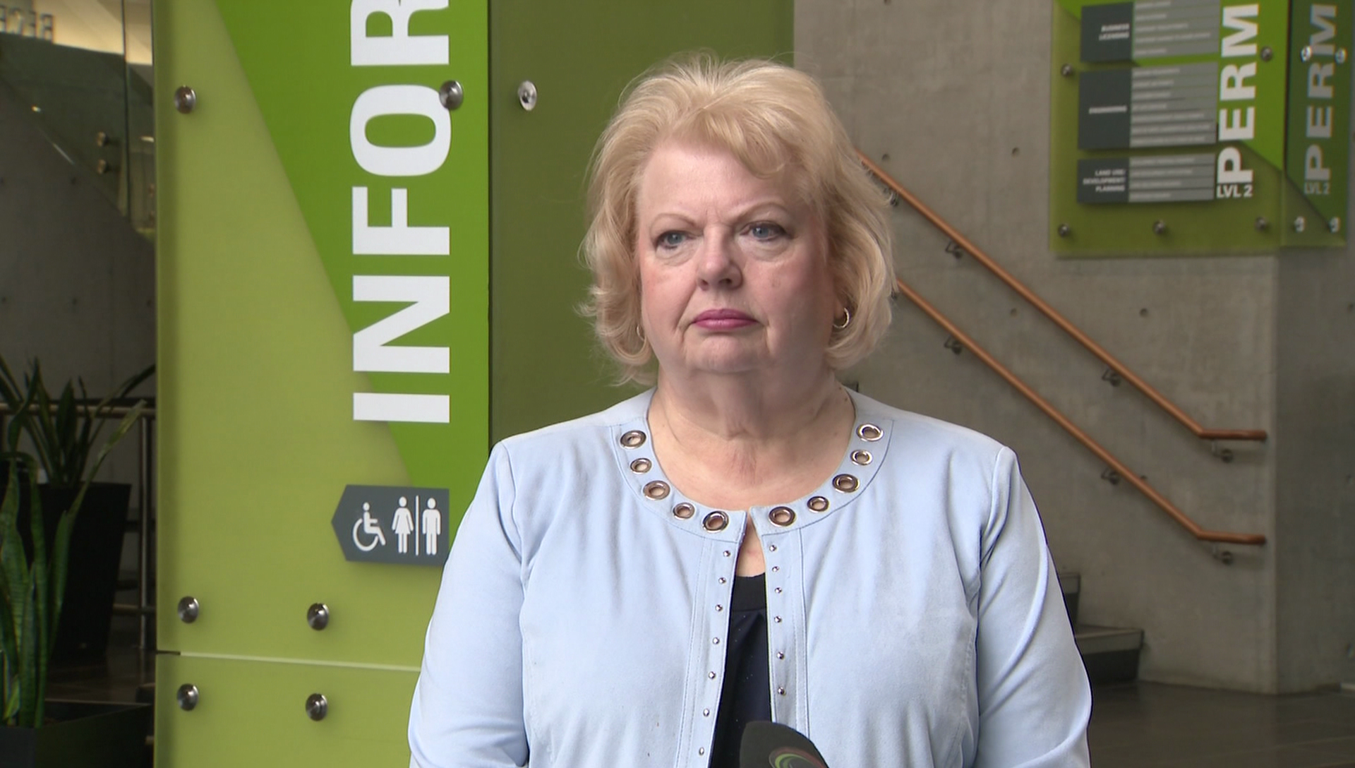 Surrey Mayor Brenda Locke being interviewed at Surrey City Hall