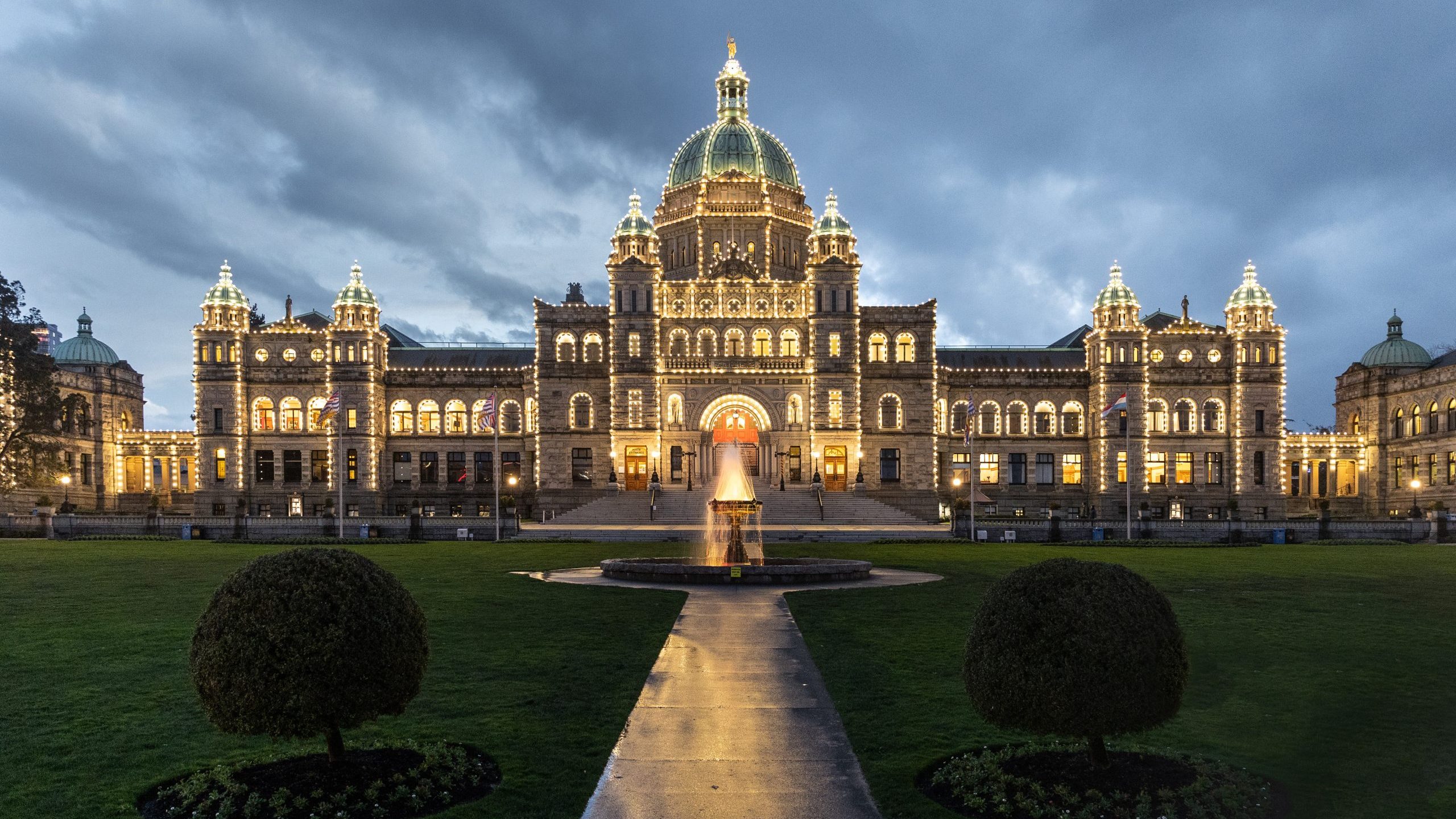 The B.C. legislature building lit up in Victoria