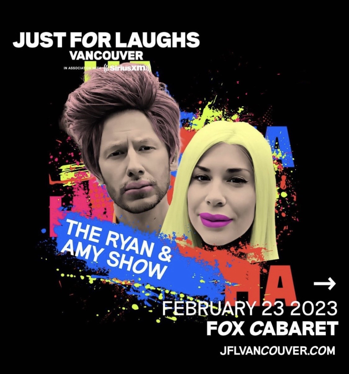 Promotional material for the Ryan and Amy Show at Just For Laughs Vancouver