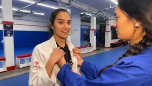 two women practicing self defence moves