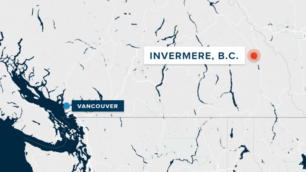 A map shows where Invermere, B.C., where an avalanche claimed three live, is in relation to Vancouver