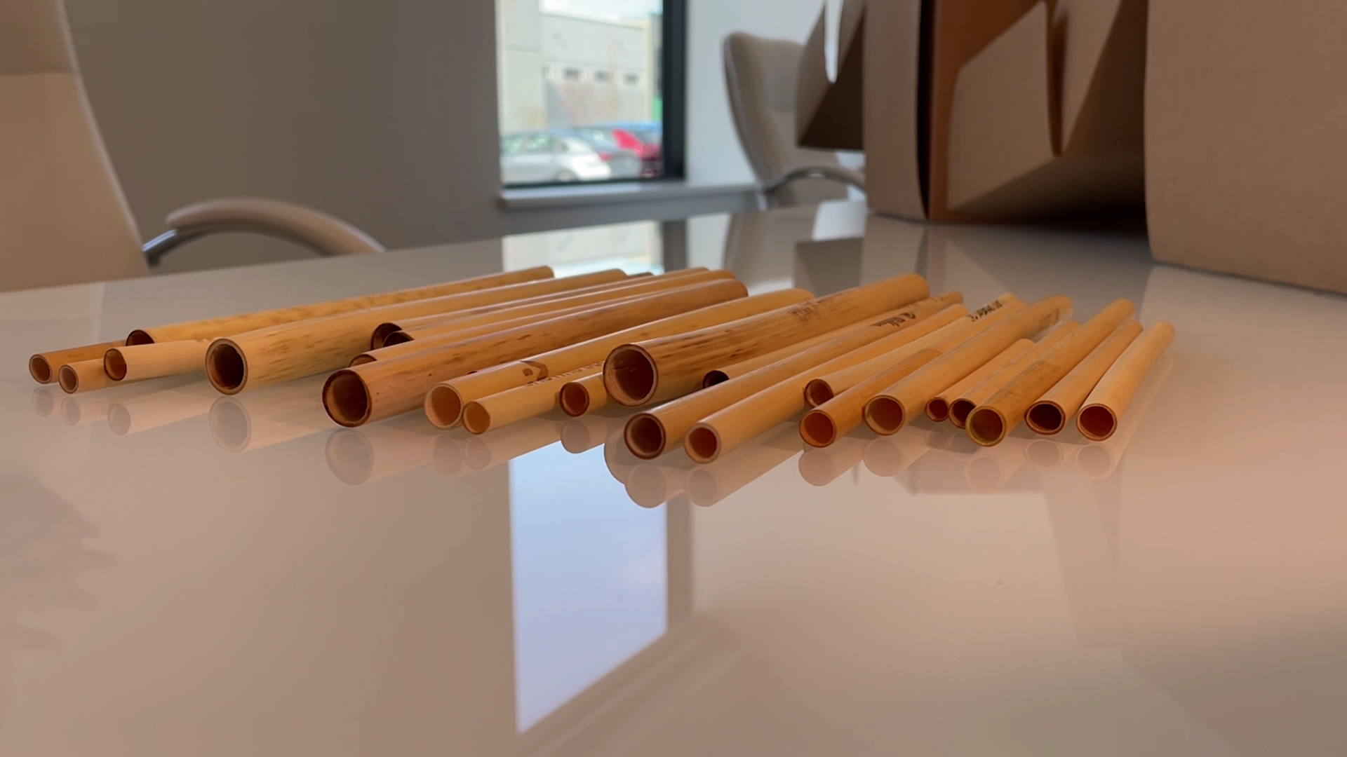 Biodegradable wooden straws are shown.