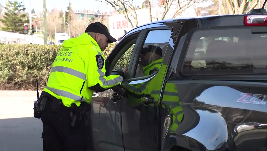 A Surrey Police officer speaks to a motorist