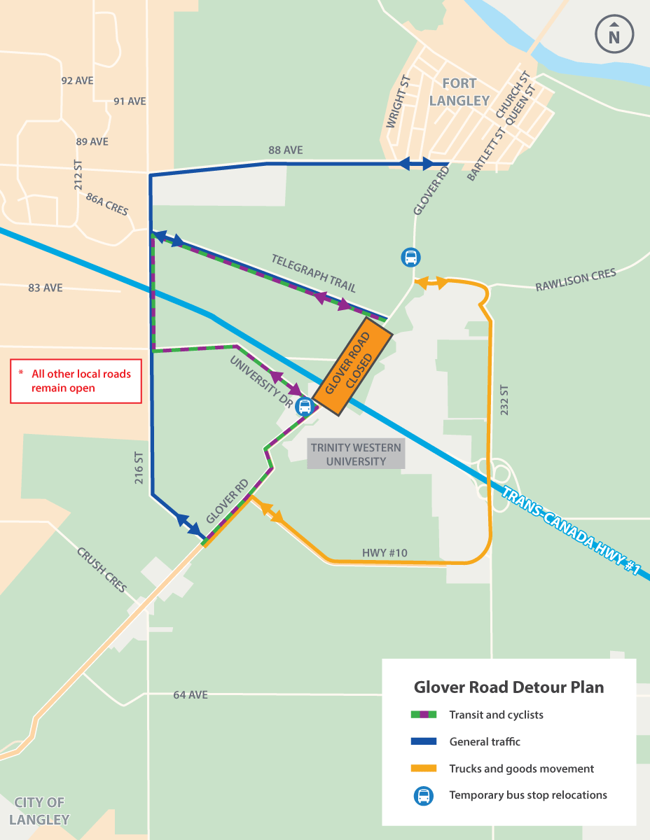 Glover Road will be closed to all traffic (including pedestrians and cyclists) between University Drive south of Highway 1 and Telegraph Trail north of Highway 1. Traffic will be detoured as shown on the Detour Route Map. (B.C. Government)