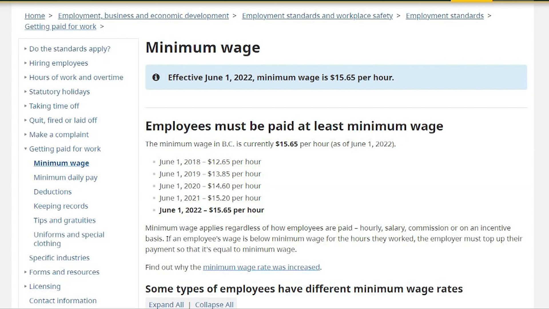 A screenshot showing the yearly minimum wage increases in B.C. 