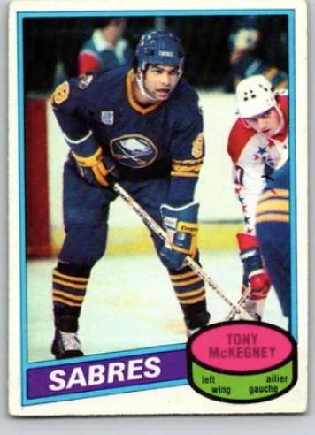 a hockey card features Tony McKegney on the ice in a blue jersey. It is part of Dean barnes collection that will be on display in Vancouver on Tuesday March 21