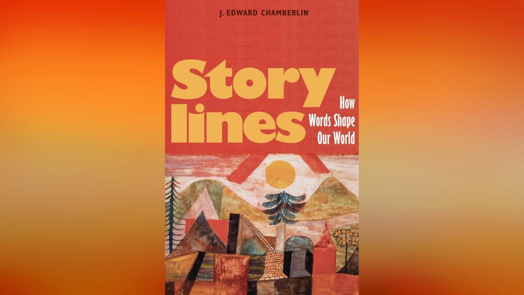 The cover of new book Story lines pictures trees, hills, and the sun in a pastel style.