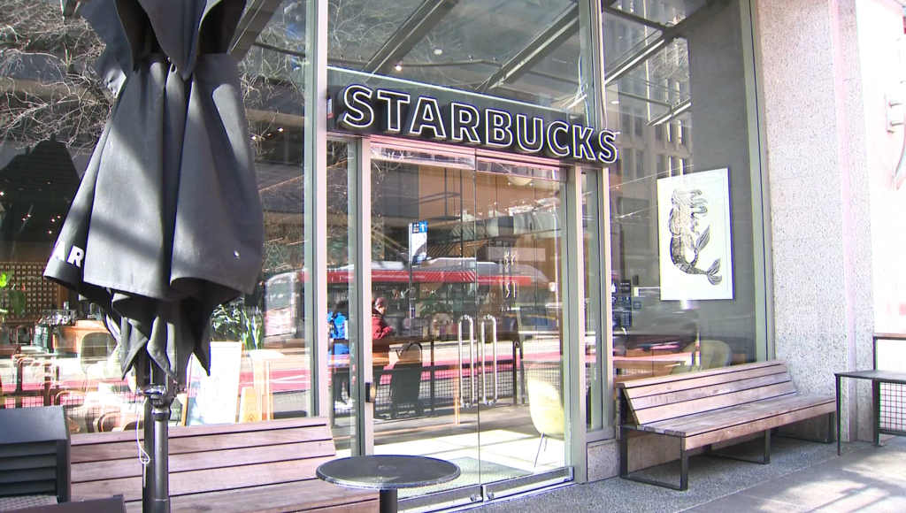 Exterior of starbucks in Vancouver at West Pender and Granville street