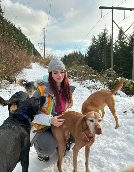 A woman poses with three dogs on a snowy trail.