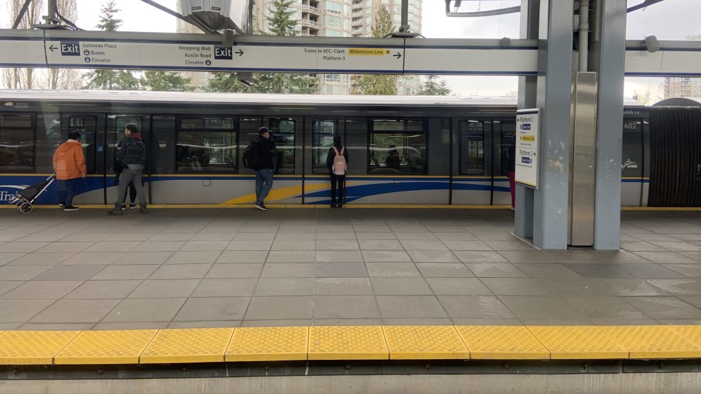 The SkyTrain platform at Lougheed Station in Burnaby, B.C.