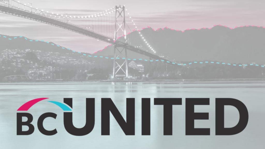 The BC United Party logo depicts a bridge stretching over a body of water.